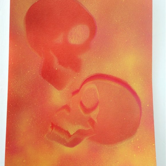 Abstract Floating Skulls Art 15x11 Yellow Orange Hand Crafted - Picture 9 of 16